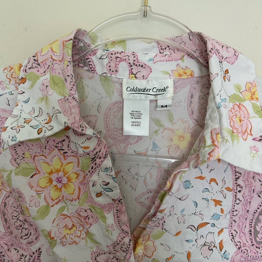 Coldwater‎ Creek Pink Flora Paisley Long Sleeve Button Shirt Cotton Medium - Picture 2 of 5